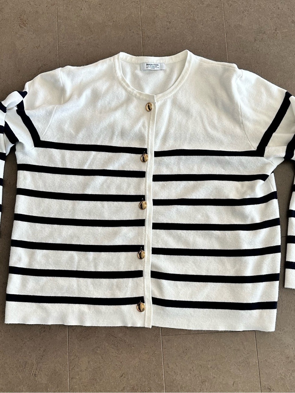 Jilly Box Smash + Tess White Cardigan with Navy Stripes & Gold Buttons M/L - Picture 3 of 15